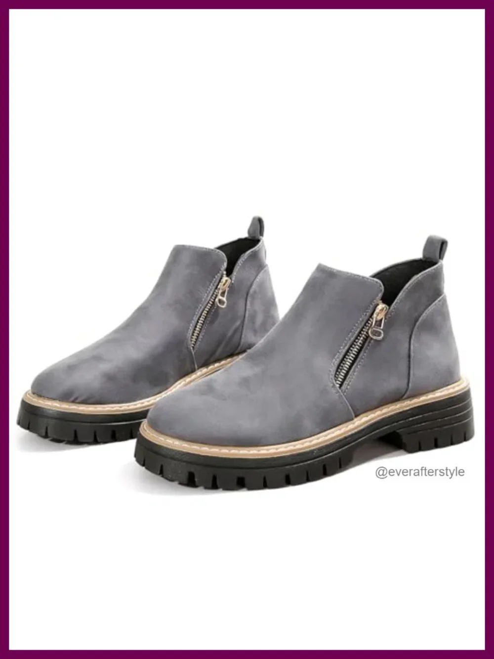 Chunky Heel Ankle Boots Women Suede Platform Lug Sole Round Toe Side Zipper